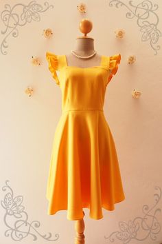 OLIVIA Bright Mustard Yellow Dress Ruffle Sleeve Dress | Etsy Summer Fitted Bridesmaid Ruffle Dress, Spring Bridesmaid Fitted Ruffle Dress, Chic Bridesmaid Dresses With Ruffled Straps, Elegant Yellow A-line Sleeveless Dress, Elegant Summer Dresses With Ruffled Straps, Summer Formal Dress With Ruffled Straps, Formal Summer Dress With Ruffled Straps, Elegant Cocktail Dresses With Ruffled Straps, Fitted Ruffle Mini Dress For Bridesmaids