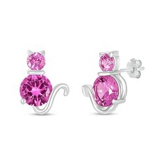 Purr-fect for your cat lover, these stud earrings are a fun addition to her jewelry box. Fashioned in sterling silver, each earring features a pair of bright pink lab-created sapphires - a 7.0mm stone set in place of the cat's body and a 4.0mm stone as its head. Polished ears, collar, paw and tail complete this adorable design. Buffed to a brilliant luster, these post earrings secure comfortably with friction backs. Cat Stud Earrings, Cat Earrings Studs, Peoples Jewellers, Pink Cat, Cat Earrings, Animal Jewelry, Sterling Silver Earrings Studs, Cute Pink, Pink Sapphire