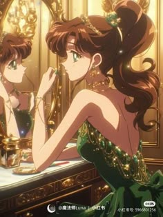 an anime character looking at herself in the mirror