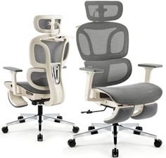 two office chairs with arms and legs, one in grey and the other in white