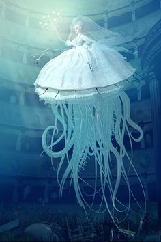 an image of a woman dressed as a jellyfish in the ocean with her veil blowing