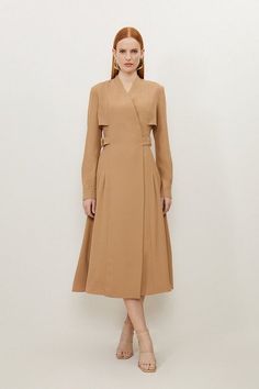 Elegant Belted Outerwear For Work, Elegant Formal Outerwear With Belted Cuffs, Elegant Formal Outerwear With Belt, Elegant Fall Dresses With Belted Cuffs, Elegant Semi-formal Outerwear With Belt Loops, Elegant Belted Outerwear For Formal Occasions, Formal Elegant Outerwear With Belt Loops, Fitted Formal Outerwear With Belt, Luxury Fitted Dress With Belt