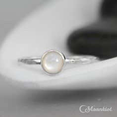 Pearl Promise Ring - Sterling Silver Mother of Pearl Gemstone Ring - Bezel-Set Engagement Ring- Whit White Moonstone Ring With Polished Finish For Promise, White Moonstone Promise Ring With Polished Finish, Delicate White Moonstone Ring In Sterling Silver, White Moonstone Pearl Ring Gift, Gift Moonstone Ring With Polished Finish, Adjustable Moonstone Ring As Birthstone, Adjustable Stackable Round Moonstone Ring, Delicate Polished Jewelry, Elegant Handmade Stackable Moonstone Rings