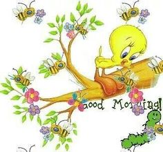 a yellow bird sitting on top of a tree branch with bees around it and the words good morning