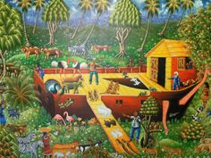 a painting of people and animals on a boat in the water with palm trees behind them