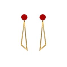 The Brigitte earrings are handcrafted from brilliant red clay with a shiny finish, adorned with a golden brass triangle charm. Pair them with red lipstick for the perfect match or wear them with your hair up to accentuate your jawline. At 7 cm long, they balance style and length, elevating any outfit effortlessly. Versatile and chic, they enhance casual or formal wear with their striking red colour and intricate craftsmanship. They are hypoallergenic and extremely lightweight too. Make a stateme Handmade Red Earrings For Formal Occasions, Adjustable Red Formal Jewelry, Red Brass Earrings With Ear Wire, Formal Red Brass Earrings, Formal Red Brass Jewelry, Red Brass Drop Earrings, Red Brass Dangle Jewelry, Red Pierced Earrings For Formal Occasions, Triangle Metal Earrings For Gift