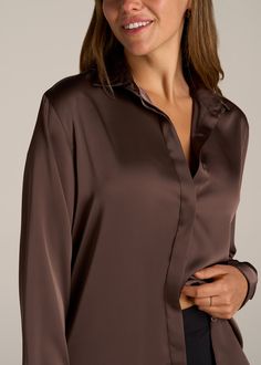 About Our Relaxed Button Up Tall Women's Blouse There’s something about the button-up: classic, casual, and always the right choice. That’s why we set out to make the perfect women’s tall button-up shirts that fit properly and feel polished. Designed specifically for women from 5’9 to 6'6, this shirt has extra long sleeves and a hemline that extends past your hips. It has a crisp, pointed collar that balances the relaxed fit for a completely modern silhouette. It’s the perfect piece to layer und Brown Button-up Tops With Placket, Office Brown Top With Button Cuffs, Brown Office Tops With Button Cuffs, Office Brown Tops With Button Cuffs, Chic Brown Tops For Daywear, Office-appropriate Brown Tops With Button Cuffs, Classic Brown Formal Tops, Classic Brown Blouse For Work, Classic Brown Blouse With Button Cuffs