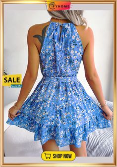 Casual Ruffled Floral Dress Beach Dress Blue Floral Dress With Ruffle Hem For Summer, Casual Floral Dress With Ruffle Hem For Vacation, Spring Floral Print Ruffle Dress For Beach, Summer Beach Ruffle Dress With Floral Print, Floral Print Ruffle Dress For Beach In Spring, Spring Beach Ruffle Dress With Floral Print, Summer Floral Dress With Ruffle Hem, Vacation Mini Dress With Ruffle Hem, Vacation Mini Dresses With Ruffle Hem