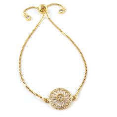 Add a touch of sparkle to your look with the Harper Adjustable Chain Bracelet in Gold. This chain bracelet features a round center encrusted with sparkling Crystals framed in metallic detail.Set on a dainty chain with an adjustable slider. Whether worn solo or as part of a stack, the Harper Adjustable Chain Bracelet will make your outfit shine. Gold Plated Over Brass Small Center stone 16mm 9.5" circumference Large: 20mm on pendant 975" circumference Material: cubic zirconia Zodiac Bracelet, Dainty Chain, Gold Plated Bracelets, Trend Fashion, Sparkling Crystal, Adjustable Bracelet, Gemstone Bracelet, Womens Jewelry Bracelets, Chain Bracelet