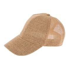 Small size straw baseball cap. Six panel with button top. Lined front panels for sun protection. Mesh straw back for breezy cooling. Ponytail hole over hook and loop closure. Curved 2.5" bill. Small size cap, 55 cm, 21.65". Adjustable to fit 53-55 cm head circumference. 100% paper straw. Solid Color Summer Trucker Hat, Solid Trucker Hat, One Size, Summer, Solid Trucker Hat One Size Fits Most For Summer, Solid Color Snapback Visor Hat For Summer, Solid Color Snapback Summer Hat, Adjustable Six-panel Baseball Cap For Beach, Adjustable Six-panel Baseball Cap For The Beach, Summer Solid Color Snapback Baseball Cap, Breathable Curved Brim Baseball Cap For Summer