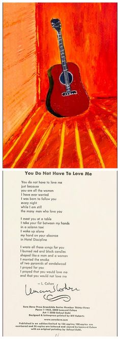 a guitar sitting on top of a wooden floor next to an orange wall with the words, you don't have to love me