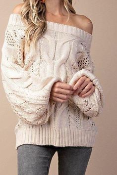 Parker Chunky Cable Knit Sweater (Ivory) – Luxe Label Knit Sweater Outfit, Chunky Cable Knit Sweater, Puff Sleeve Sweater, Oversize Fashion, Warm Outfits, Softest Sweater, Winter Sweaters, Cute Casual Outfits, Colorful Sweaters