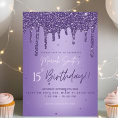 a purple birthday party card with icing on it and cupcakes next to it