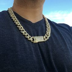 Men's 24"x 19 mm wide Cuban hip hop chain necklace. 14K gold plated finish over high quality brass metal core. Thick & heavy chain has serious weight to it at 315 grams. Chain links encrusted with round cut vivid CZ stones. Gold Cuban Link Necklace For Streetwear, Gold Cuban Link Necklace With Curb Chain For Streetwear, Gold Chunky Chain Jewelry For Streetwear, Gold Cuban Link Jewelry For Streetwear, Gold Chain Link Jewelry For Streetwear, Gold Figaro Chain Jewelry For Streetwear, Gold Link Jewelry For Streetwear, Gold Chain Link Necklace For Streetwear, Gold Chain Necklace For Streetwear