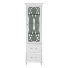 a white china cabinet with glass doors on the front and drawers in the bottom section