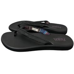 New Without Tags Black Leather Flip Flops For Beach Season, Black Sandals With Cushioned Footbed For Beach, Black Flip Flops With Textured Footbed And Round Toe, Black Slip-on Flip Flops For Beach Season, Black Round Toe Flip Flops For Beach Season, Black Open Toe Flip Flops For Beach Season, Black Open Toe Flip Flops For Beach, Black Sandals With Textured Footbed For Beach, Black Cushioned Flip Flops For Beach Season