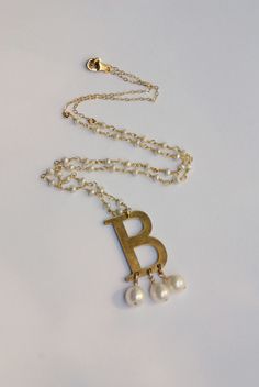 Anne Boleyn Style Monogram Necklace with Pearls — Bang-Up Betty Elegant Signed Jewelry For Gift, Vintage Personalized Initial Pendant Necklace, Vintage Initial Pendant Jewelry With Chain, Vintage Gold Necklaces With Initials, Vintage Gold Necklace With Initials, Vintage Initials Pendant Jewelry, Vintage Monogram Necklace As Gift, Vintage Monogram Necklace With Initial Pendant, Vintage Handmade Initial Pendant Jewelry