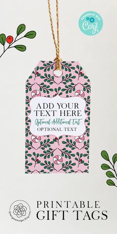 a pink and green gift tag with the words, add your text here