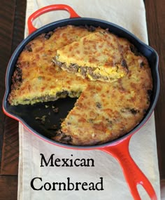 a mexican cornbread is in a cast iron skillet