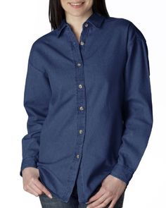 100% cotton. 6.5-oz. double-needle stitching. wood-tone buttons. Women Chiffon Blouse, Bell Sleeve Shirt, Long Sleeve Denim Shirt, Pleated Tops, Denim Shirt Dress, Denim Shirt, Shirt Online, Print Tops