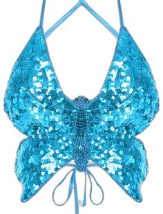 Summer Sequined Backless Halter Top, Sequined Backless Halter Top For Summer, Backless Sequined Halter Top For Summer, Summer Festival Sequined Halter Top, Blue Backless Halter Top For Party, Backless Blue Halter Top For Party, Blue Halter Top For Beach Party, Beaded Butterfly, Backless Crop Top