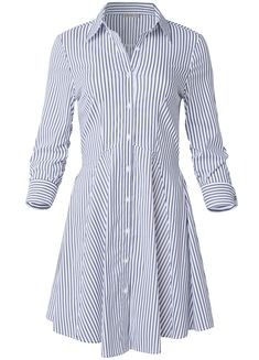 This must-have shirt dress is extremely versatile, yet far from basic. The pinstriped print streamlines an A-line silhouette, giving it a polished finish that moves easily from day to night. Wear on its own or add a belt at the waist for an extra chic look.* Available in plus size* A-Line silhouette with extra flare* B Shirt Dress Pattern, Stand Collar Shirt, Upcycle Clothes Diy, Collared Shirt Dress, Upcycled Clothing, Night Wear, Work Wear Women, Collars For Women, White Shirt Dress