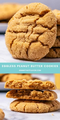 eggless peanut butter cookies stacked on top of each other with text overlay that reads eggless peanut butter cookies