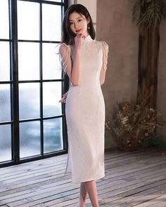 Qipao Gown Evening Dress With Shoulder Tassel - Weqipao Elegant Fitted Dress With Tassels, Formal Fitted Dress With Tassels, White Evening Dress With Tassels, Elegant Stand Collar Cheongsam For Banquet, Elegant Short Sleeve Ao Dai For Evening, White Wedding Dresses With Tassels, Elegant Ao Dai With Stand Collar For Party, Elegant Stand Collar Dress For Banquet, Elegant Long Dress With Tassels