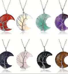 Elevate your style with our enchanting Moon-Shaped Tree of Life Crystal Necklace, a perfect blend of elegance and spiritual symbolism. This stunning piece is available in multiple crystal variations, each carefully selected to radiate its unique energy. The pendant features a beautifully crafted Tree of Life design on top of a crescent moon, symbolizing growth, strength, and the interconnectedness of all life. Paired with a matching heart-shaped crystal stone, this necklace not only makes a striking fashion statement but also carries deep meaning.  **Key Features  **Materials  High-quality crystals  **Design  Moon-shaped pendant with  intricate Tree of Life design   **Optional Matching heart-shaped crystal stone  **Perfect for Everyday wear, spiritual practices, gift-giving  Whether you're Round Crystal Necklaces With Natural Stones For Meditation, Spiritual Crystal Necklaces, Mystical Gemstone Beads Jewelry Gift, Mystical Crescent Jewelry For Healing, Spiritual Crystal Necklace With Natural Stones, Round Crystal Gemstone Necklaces, Round Crystal Gemstone Necklace, Round Moonstone Crystal Necklace With Natural Stones, Bohemian Crystal Necklace For A Gift