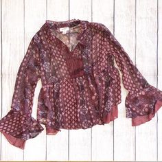 -Nwt -Arizona -Peasant Style Top With Bell Sleeves -Size Small C020p4 Bohemian Purple Blouse For Fall, Purple Bohemian Blouse For Fall, Fall Peasant Top With Boho Print, Fall Peasant Tops With Boho Print, Printed Peasant Blouse For Fall, Bohemian Ruffled Peasant Top For Fall, Red Bohemian Peasant Top For Fall, Patterned Printed Peasant Top For Fall, Printed Peasant Top For Fall