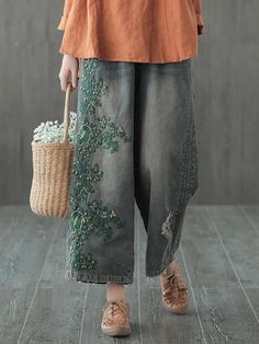 Original Embroidered Wide-Leg Column Jean Pants Baggy Wide Leg Bottoms With Floral Embroidery, Summer Embroidered Wide Leg Jeans, Casual Wide Leg Jeans With Floral Embroidery, Casual Embroidered Baggy Jeans, Casual Baggy Pants With Floral Embroidery, Casual Baggy Embroidered Jeans, Embroidered Cotton Ankle-length Pants, Embroidered Non-stretch Wide Leg Bottoms, Baggy Floral Embroidered Bottoms