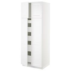 a tall white cabinet with two doors on the front and one door open to reveal shelves