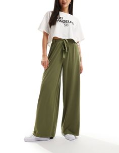 ASOS DESIGN tie belt wide leg pants in olive | ASOS Belt Wide, Vacation Clothes, Leggings Sale, Long Sleeve Floral Dress, Satin Slip Dress, Swimwear Sale, Active Wear Leggings, Hoodies For Sale, Petite Maternity