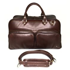 The leather travel bag is perfect for business or weekend trips. Suitable for men and women. Handmade, original design. Very light weight.Dimensions:* Height: 29 cm (11.42 inches)* Length: 50 cm (19.69 inches)*  Width: 20 cm (7.87 inches)* Strap Drop length: max 130 cm (51.18 inches)Details:* One main part* Removable adjustable shoulder strap* Double leather handle * Two outside zipper pockets in the front of the bag* Zipper pocket inside* Two slip pockets insideLeather travel bag with pockets D Classic Brown Duffle Bag For Trip, Classic Brown Weekender Bag For Trips, Brown Leather Travel Bag For Business Trips, Classic Brown Travel Bag With Luggage Sleeve, Brown Leather-lined Weekender Bag For Business Trips, Brown Business Weekender Bag With Luggage Sleeve, Brown Tote Travel Bag For Business Trips, Brown Satchel Duffle Bag For Business Trips, Brown Briefcase With Luggage Sleeve For Trips