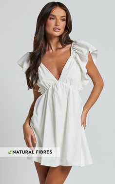 Raiza Mini Dress - Ruffle Sleeve Tie Back Plunge Dress in Off White | Showpo USA Classy Graduation Outfit, White Grad Dress, Rush Week Outfits, After Wedding Dress, Bride Reception Dresses, Confirmation Dresses, White Dresses Graduation, Senior Stuff, Dresses Graduation