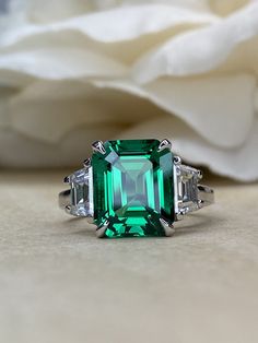 Emerald Cut Engagement Ring, Emrald and Moissanite Engagment Ring 14k White Gold For Ladies, Emerald Moissanite Ring, Emerald Cut Ring,#7067 #HiolidayRing #14kWhiteGold #EmeraldCutRing #EngagementRing #EngagmentRings #EmeraldCut #Ring #RingForLadies #ChristmasGift #EmeraldMoissanite Emerald Ring Design, Three Stone Ring Settings, Emerald Stone Rings, Emerald Wedding Rings, Emerald Cut Engagement, Emerald Wedding, Emerald Cut Rings, White Gold Set, Emerald Engagement Ring Cut