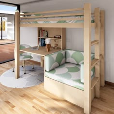 there is a bunk bed with a desk and chair in the room next to it