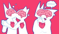 two people with their heads in the shape of heart and brain, one person has thought bubbles above his head