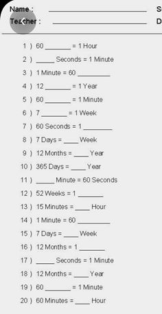 a printable worksheet with numbers and times