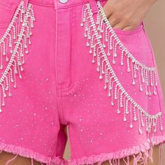 Brand: Blue B Pink Rhinestone Fringe Shorts Rhinestone Fringe, Pink Cowgirl, Short Fringe, Bleached Denim, Denim Pocket, Frayed Denim, Pink Rhinestones, Pink Shorts, Charcoal Color