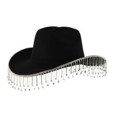 Super Cute Black Cowboy Hat Rhinestone Fringe Detailing At The Trim Great For Brides, Bachelorette Parties, Birthdays, Festivals, Or Just A Fun Night Out Gorgeous Statement Piece One Size Crown 22.8” New - Perfect Condition Austin Texas Cowboy Yeehaw Brides Bridal Love White Cute Fun Funky Western Cowgirl Fedora Cap Crystal Diamonds Ray-Ban Madein Matte Retro Vintage Rare Unique 80’s Aj Morgan Groovy Pieces 70’s Trendy Vogue Kourtney Kardashian Kendall Jenner Unisex Gorgeous Old Hollywood Lenses Party Hat With Rhinestones And Flat Brim, Elegant Rhinestone Hats For Festival, Elegant Rhinestone Festival Hats, Prada Hat, Y2k Glasses, Texas Cowboy, Black Cowboy Hat, Texas Cowboys, Rhinestone Fringe