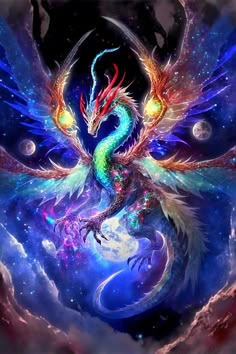 a colorful dragon sitting on top of a blue and purple background with stars in the sky