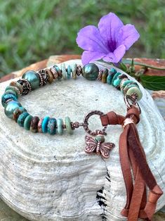 Camo Bracelet Turquoise, Copper & Green Baroque Pearls With Caramel Deerskin Lace Boho Southwestern Sundance Style Layering Bracelet - Etsy Camo Bracelet, Sundance Style, Homemade Jewelry, Green Copper, Bracelet Ideas, Deer Skin, Layered Bracelets, Baroque Pearls, Leather Jewelry