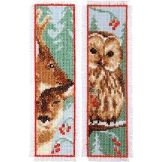 two cross stitch bookmarks with an owl and a dog on them, both have red trimmings