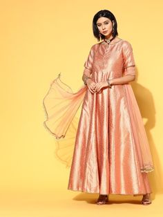 Peach Brocade Anarkali Kurta with Dupatta - Inddus.com Orange Straight Kurta Anarkali Set For Eid, Eid Orange Anarkali Set With Straight Kurta, Elegant Designer Peach Anarkali Set, Elegant Peach Anarkali Set For Designer Wear, Orange Anarkali Kurta For Diwali, Elegant Orange Anarkali Set For Festive Occasions, Peach Anarkali Set For Designer Wear, Orange Floor-length Kurta For Diwali, Peach Dupatta With Cutdana For Navratri