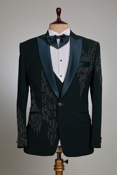 Embroidered Blazer Men, Elegant Green Tuxedo For Parties, Elegant Green Three-piece Suit For Party, Elegant Green Three-piece Party Suit, Fitted Green Three-piece Suit For Party, Green Three-piece Suit With Notch Lapel For Party, Tailored Wedding Suits For Party Season, Green Notch Lapel Three-piece Suit For Party, Slim Fit Tuxedo Three-piece Suit For Party