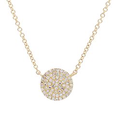 If you're looking for something classic and sophisticated, look no further with the Diamond Pave Circle Disk Necklace in 14k Gold! The circle shape is so modern and perfect for everyday wear. It can layer well with other necklaces, or stand on its own. It is set with mini diamonds for the perfect amount of sparkle!Adjustable chain from 16 to 18 inches. Diamonds (0.19 ct) 14k yellow gold Dimensions: 8.5mm Please allow up to 6 weeks for production.KAMARIA supports survivors of power-inequality vio Modern Necklaces With Single Cut Diamonds, Modern Round Necklaces With Single Cut Diamonds, Modern Round Diamond Necklace With Adjustable Chain, Modern Yellow Gold Diamond Necklace With Round Pendant, Luxury Minimalist Round Disc Necklace, Yellow Gold Cubic Zirconia Circle Necklace, Delicate Yellow Gold Round Disc Necklace, Dainty Gold-plated Round Disc Necklace, Nickel-free Yellow Gold Round Disc Necklace