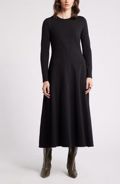 Keep your casual style effortless in this stretch-jersey maxi dress updated with long sleeves and a seam down the middle. 50 1/2" length (size Medium) Slips on over head Crewneck Long sleeves Unlined 93% cotton, 7% spandex Machine wash, tumble dry Imported Black Maxi Dress With Sleeves, Winter Dresses For Petite Women, Dress Styles For Hourglass Shape, Black Midi Dress Long Sleeve, Maxi Dress With Boots, Layering A Dress, Casual Winter Dresses, Black Long Sleeve Midi Dress, Casual Cotton Dress