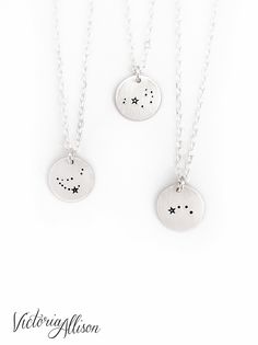 "A nod to the night sky, this sterling silver constellation necklace features your favorite constellation hand-stamped onto a tiny round charm, hung from a sterling chain. DESIGN: The tiny sterling pendant displays a hand stamped constellation. The stars are darkened to emphasize the design. The pendants are lightly sanded to create a soft matte finish on the surface. Looking for a constellation not listed? Convo me for a special order! MATERIALS: Each necklace is made of .925 sterling silver. ( Celestial Stamped Jewelry Gift, Personalized Celestial Sterling Silver Necklace, Personalized Celestial Sterling Silver Necklaces, Celestial Sterling Silver Personalized Necklaces, Personalized Celestial Sterling Silver Jewelry, Personalized Sterling Silver Celestial Jewelry, Symbolic Hand Stamped Sterling Silver Necklaces, Sterling Silver Zodiac Sign Jewelry Gift, Sterling Silver Zodiac Sign Charm Necklace For Gift