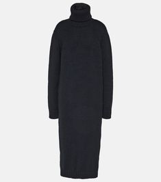 Ribbed Knit Wool Sweater Dress in Black - Saint Laurent | Mytheresa Elegant Cashmere Sweater Dress For Winter, Winter Ribbed Turtleneck Midi Dress, Long Wool Sweater Dress For Fall, Fitted Wool Sweater Dress For Winter, Winter Cashmere Sweater Dress, Long Wool Sweater Dress For Winter, Winter Cashmere Midi Dress, Winter Wool Knitted Sweater Dress, Elegant Wool Sweater Dress For Winter